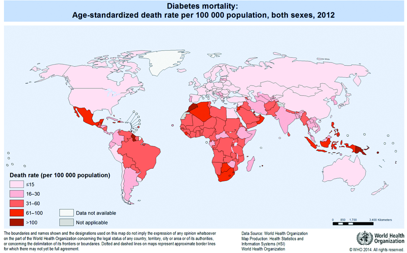 © 2014 World Health Organization. “Diabetes Mortality: Age-Standardized Death Rate per 100 000 Population, 2012.” Map reprinted with permission. Available at the World Health Organization Map Library, accessed April 22, 2018, http://gamapserver.who.int/mapLibrary/Files/Maps/Global_NCD_mortality_diabetes_2012.png.