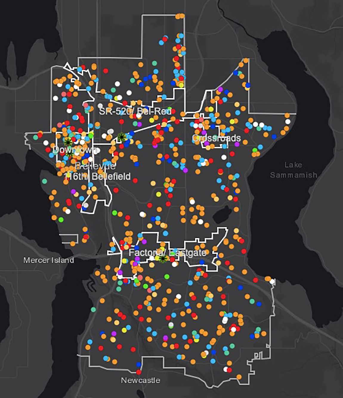 Map of Seattle’s Eastside showing tech start-ups. http://cobgis.maps.arcgis.com/apps/MapSeries/index.html?appid=7453faf396f144798372f3ef0fd90fc2.