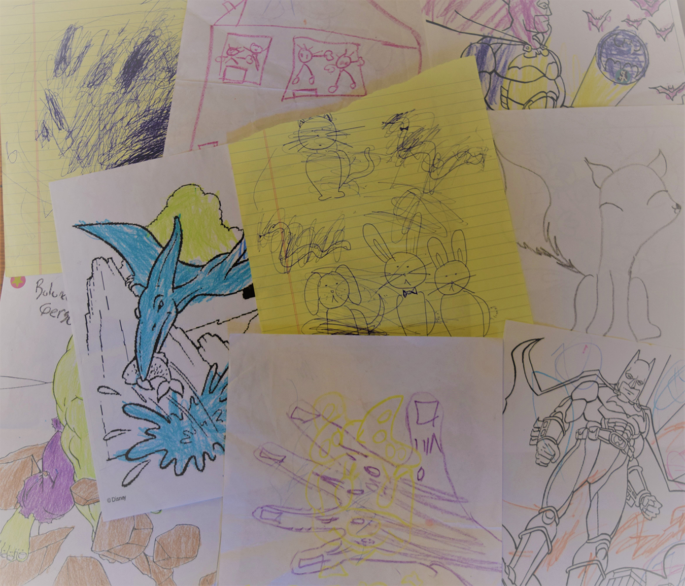 Drawings made by child detainees at Dilley and Karnes. Photo by Erin Routon.