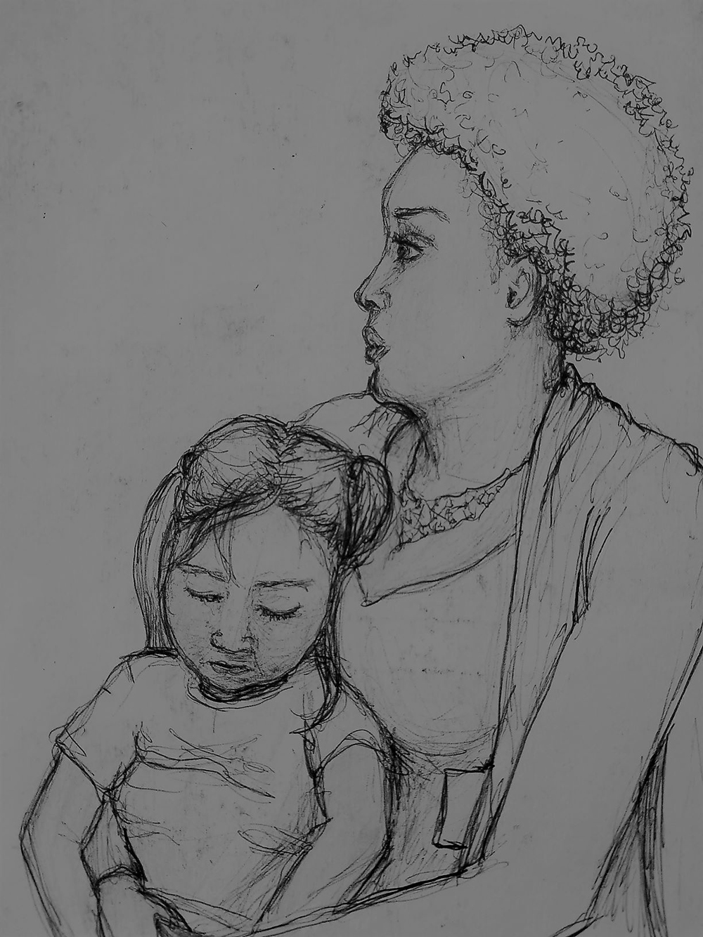 As photographs are not allowed inside these facilities, advocates make drawings that depict inner workings. Here, a depiction of an advocate caring for a detained child while her mother works on her case with another advocate. Drawn by volunteer and artist Molly McGowan.
