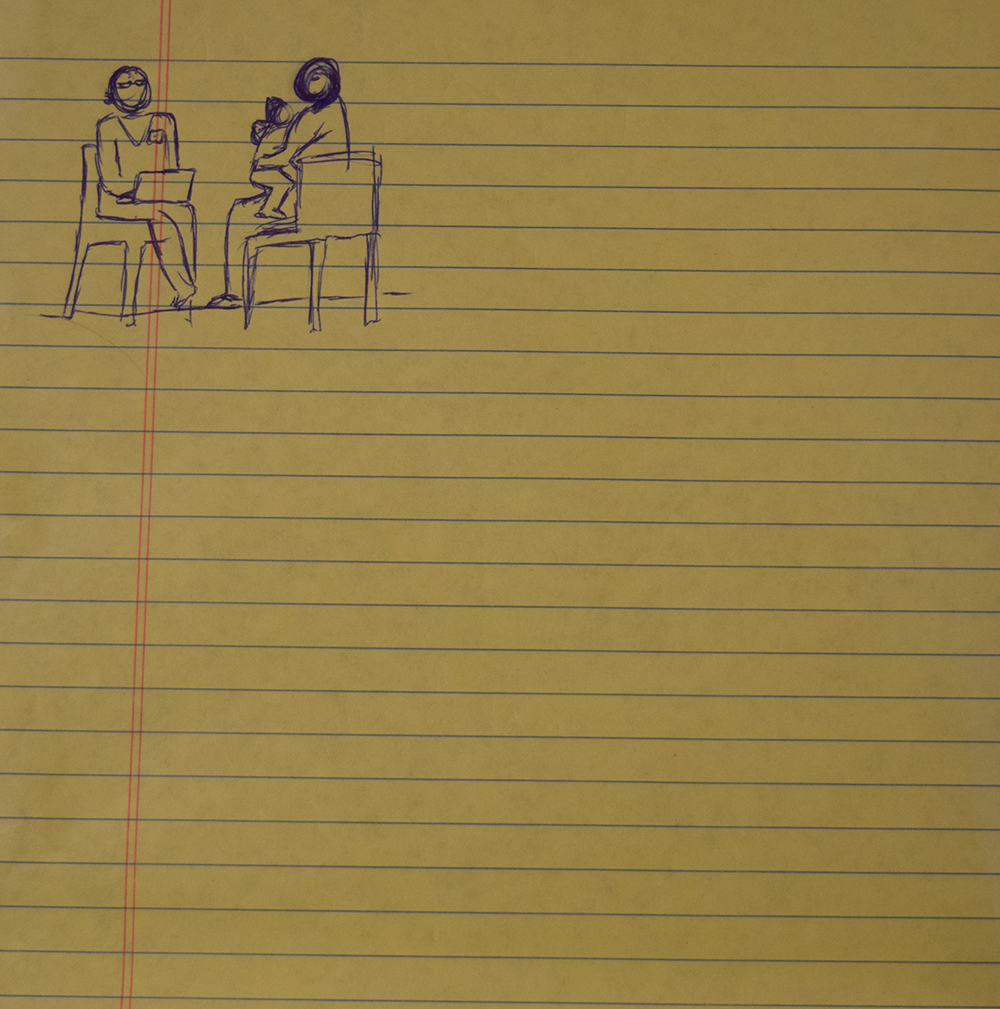 Depiction on a legal pad of an advocate meeting with their client. Drawing by Erin Routon.