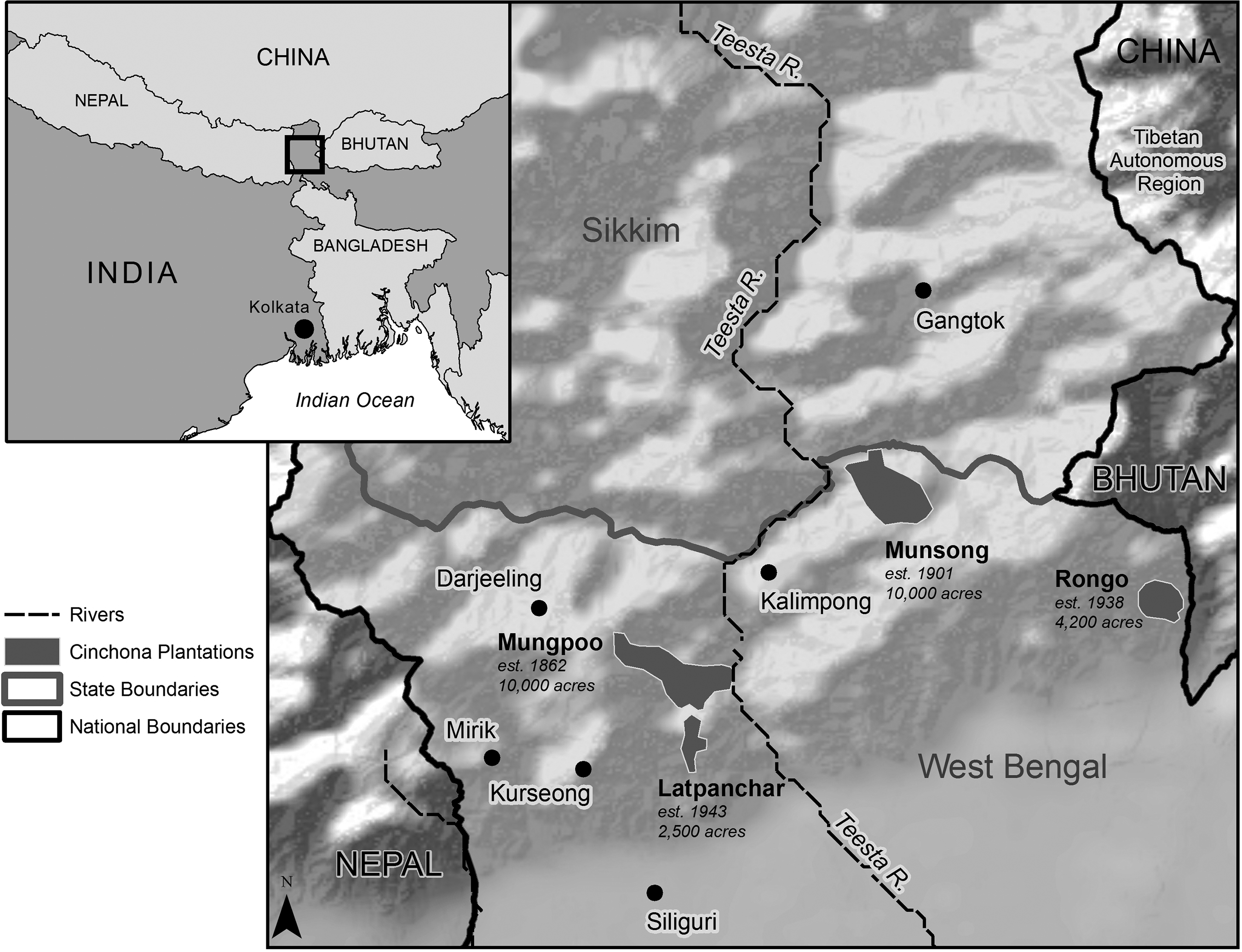 The colonial cinchona frontier in the Darjeeling hills. Map prepared by UNC-Libraries.