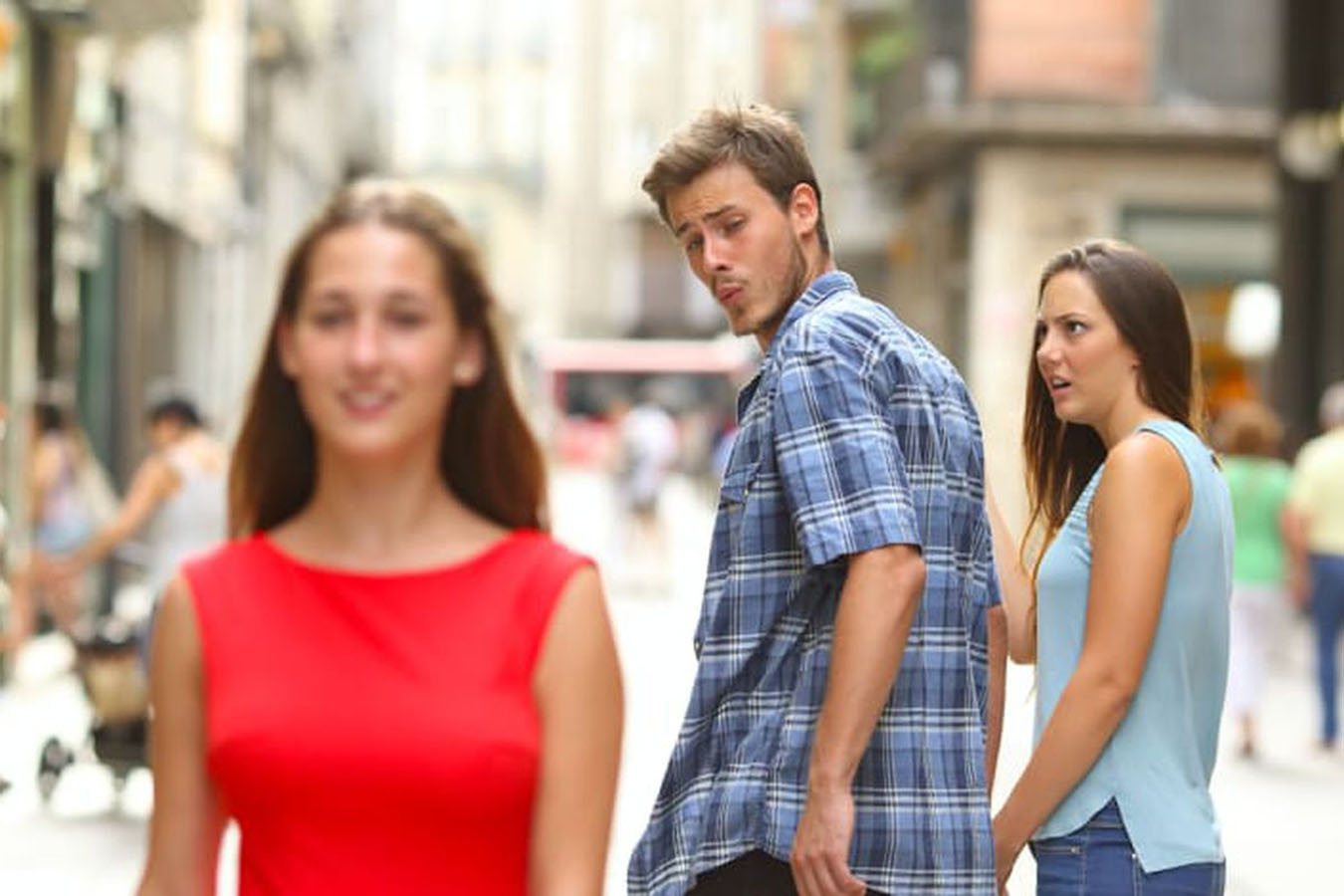 Empty template for the widely popular “Distracted Boyfriend” meme.