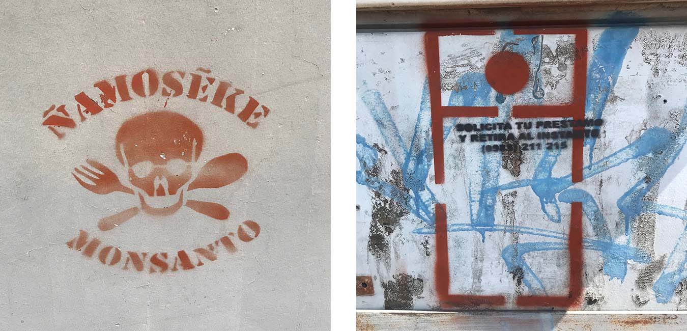 The toxic Jolly-Roger is captioned “we are expelling Monsanto” in Guaraní (left). A stylized ATM machine includes a phone number to request informal credit (right). Photos by Caroline E. Schuster.