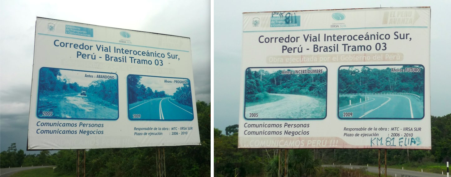 Road signs. Before and After: Abandoned / Progress; Uncertainty / Future. Photos by Ruth Goldstein.