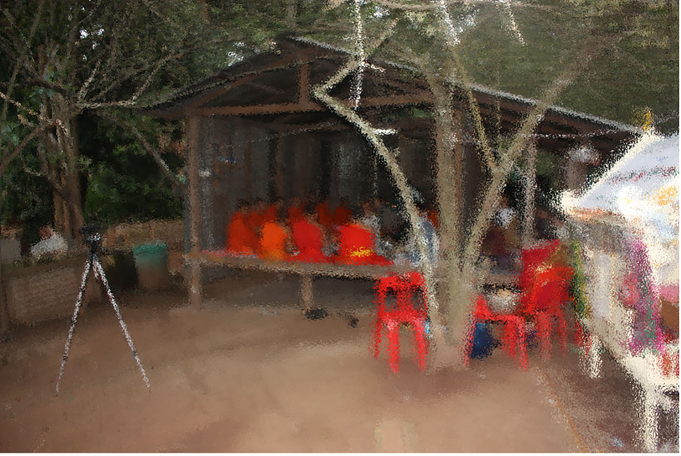 One of the structures of the house, full of monks, with my camera in the foreground (image is distorted to preserve anonymity). Photo by Charles H. P. Zuckerman.