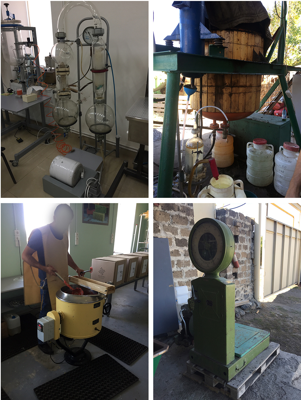 Refitted and upcycled equipment from Khimzavod at the Nairian factory: distillery from old flasks (top left); distillery from old autoclave (top right); cauldron used for saponification (bottom left); Soviet vintage scale to weigh plants (bottom right). Photos by Lori Khatchadourian.