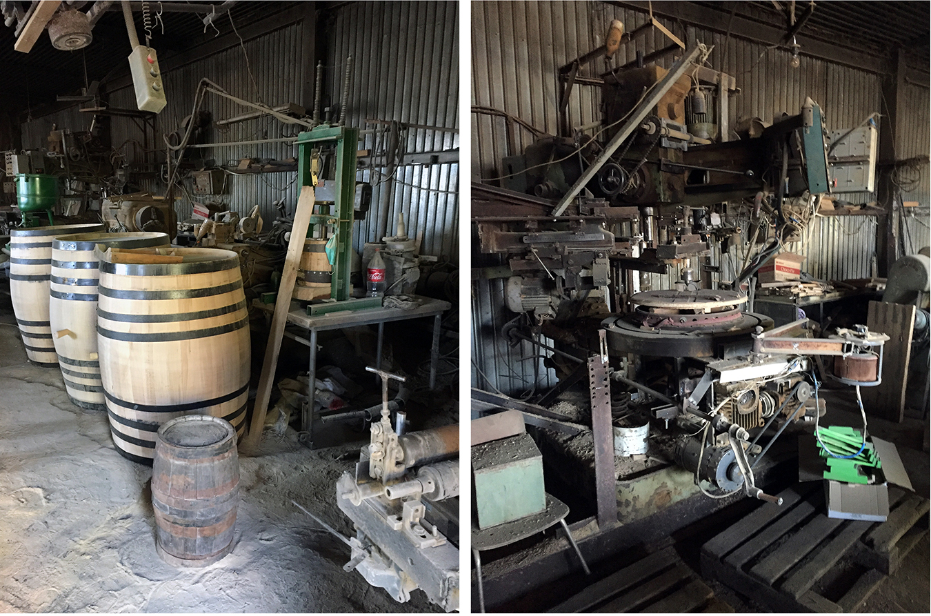 Assembled machines and oak barrels in Hayk’s workshop on the grounds of the Yeghegnadzor factory. Photos by Lori Khatchadourian.