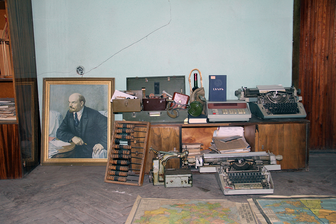 Display of Soviet artifacts in the director’s office of the Yeghegnadzor Knitting Factory. Photo by Lori Khatchadourian.
