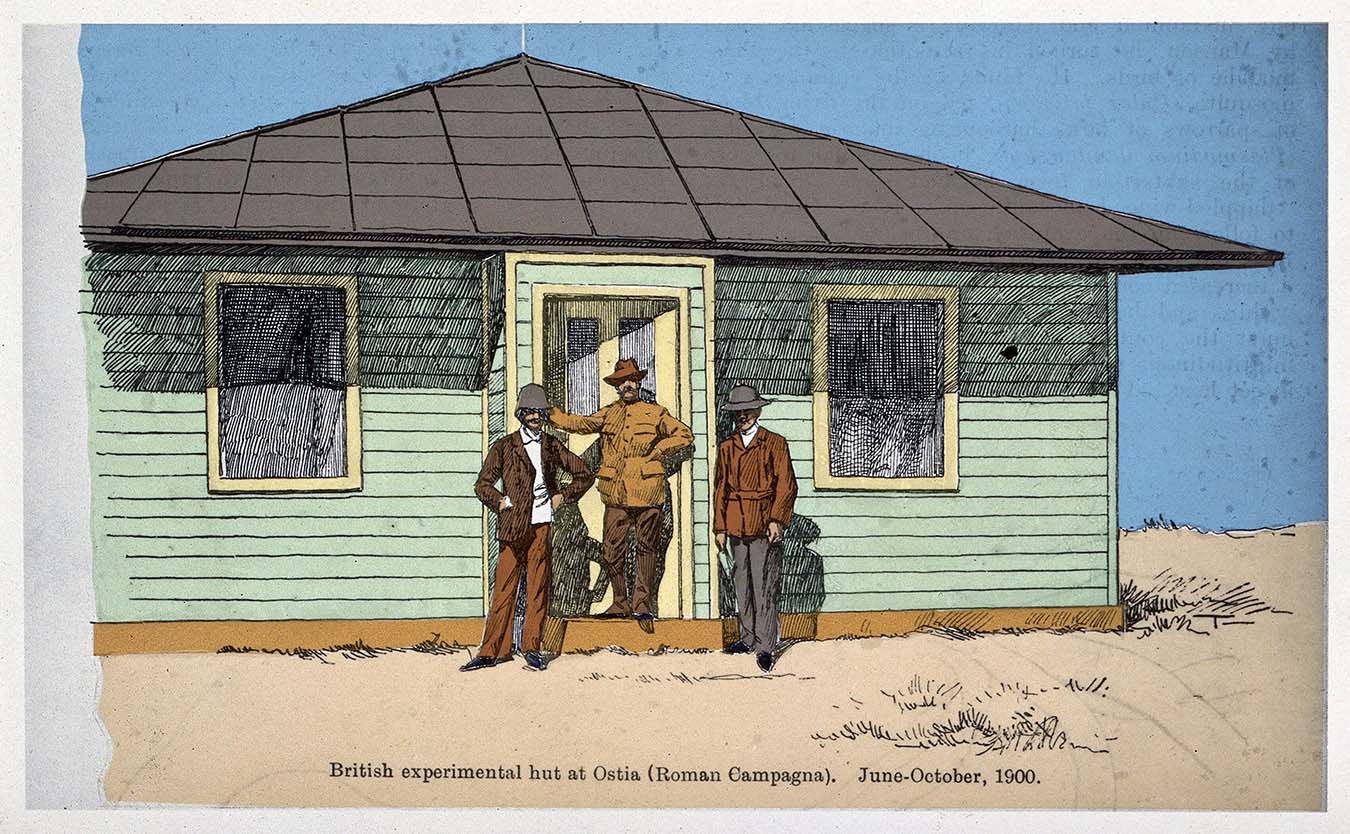 Patrick Manson’s experimental hut and its occupants from June to October 1900. Colored photograph of a pen drawing by A. Terzi, ca. 1900. Wellcome Library, London, https://wellcomecollection.org/works/pz5qmgv2/images?id=dpztts8h.