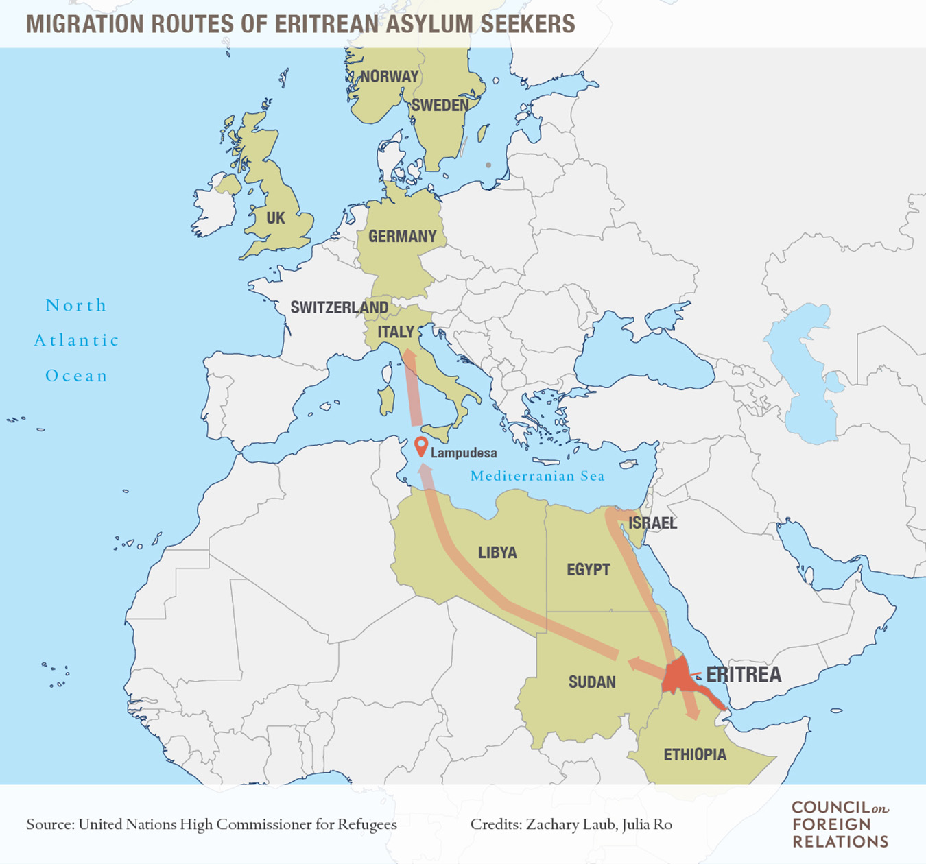 A map of the migration routes of Eritrean asylum seekers from the United Nations High Commissioner for Refugees. Photo by Zachary Laub and Julia Ro.