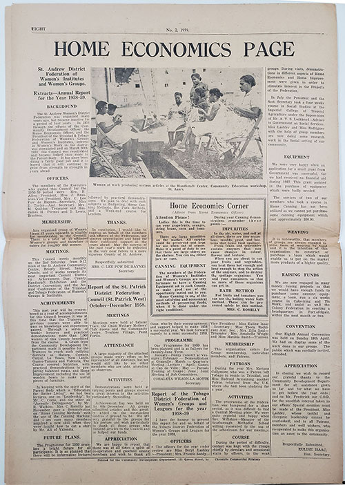 Page from a 1959 issue of the Community Development Bulletins published and circulated by the Community Development Department of the Colonial Government of Trinidad and Tobago in the 1950s. This page gives a glimpse into the work of the women’s institutes and women’s groups founded during that era. Sourced from the 1950s Community Development Newspaper Collection, the West Indiana and Special Collections at the University of the West Indies, St. Augustine, Trinidad.