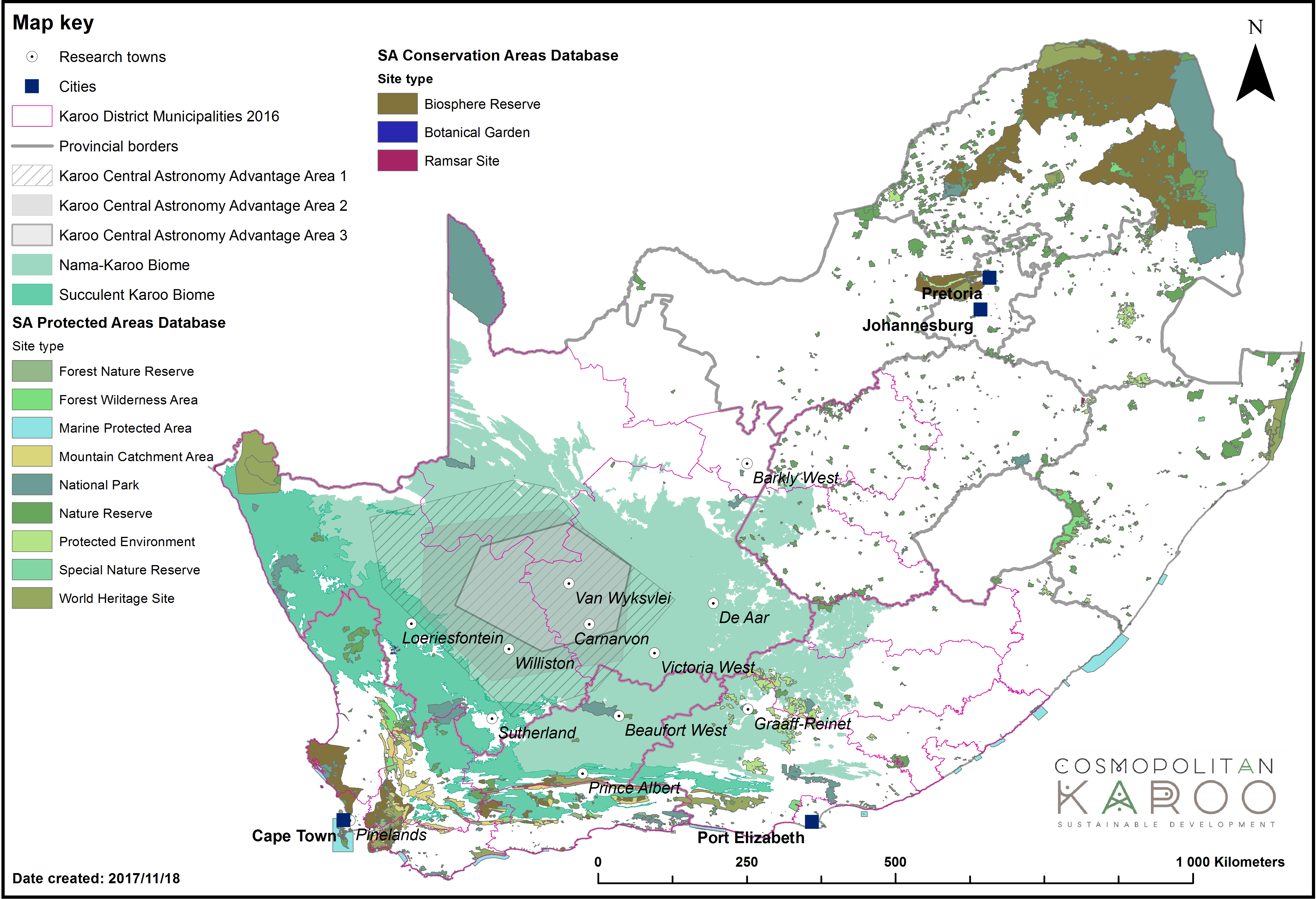 The image shows a map of South Africa that indicates the Karoo Central Astronomy Advantage Areas in the Karoo region (south west central).