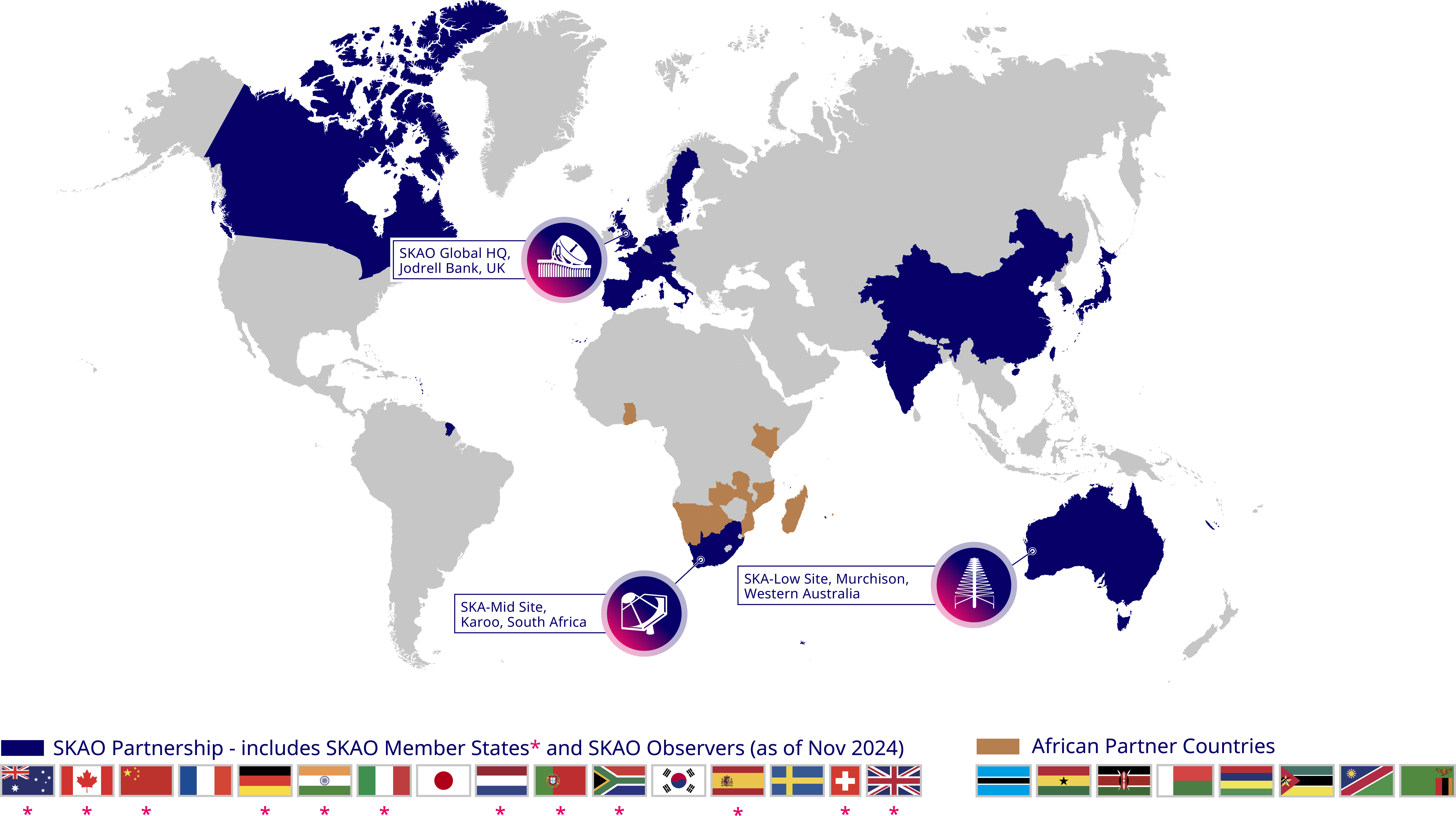 The world map indicates which countries are involved in the SKA Organization. It highlights the UK where headquarters are situates as well as South Africa and Australia that host the telescopes. The “African Partner Countries” are also marked.
