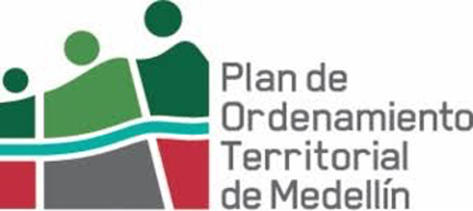 Logo of the Territorial Ordering Plan of Medellín featuring a river running through green and red blocks and circles.