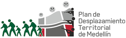 Sticker with outlines of river and blocks and circles of logo of Territorial Ordering Plan of Medellín with unhappy faces on circles and people running away from armed figures.