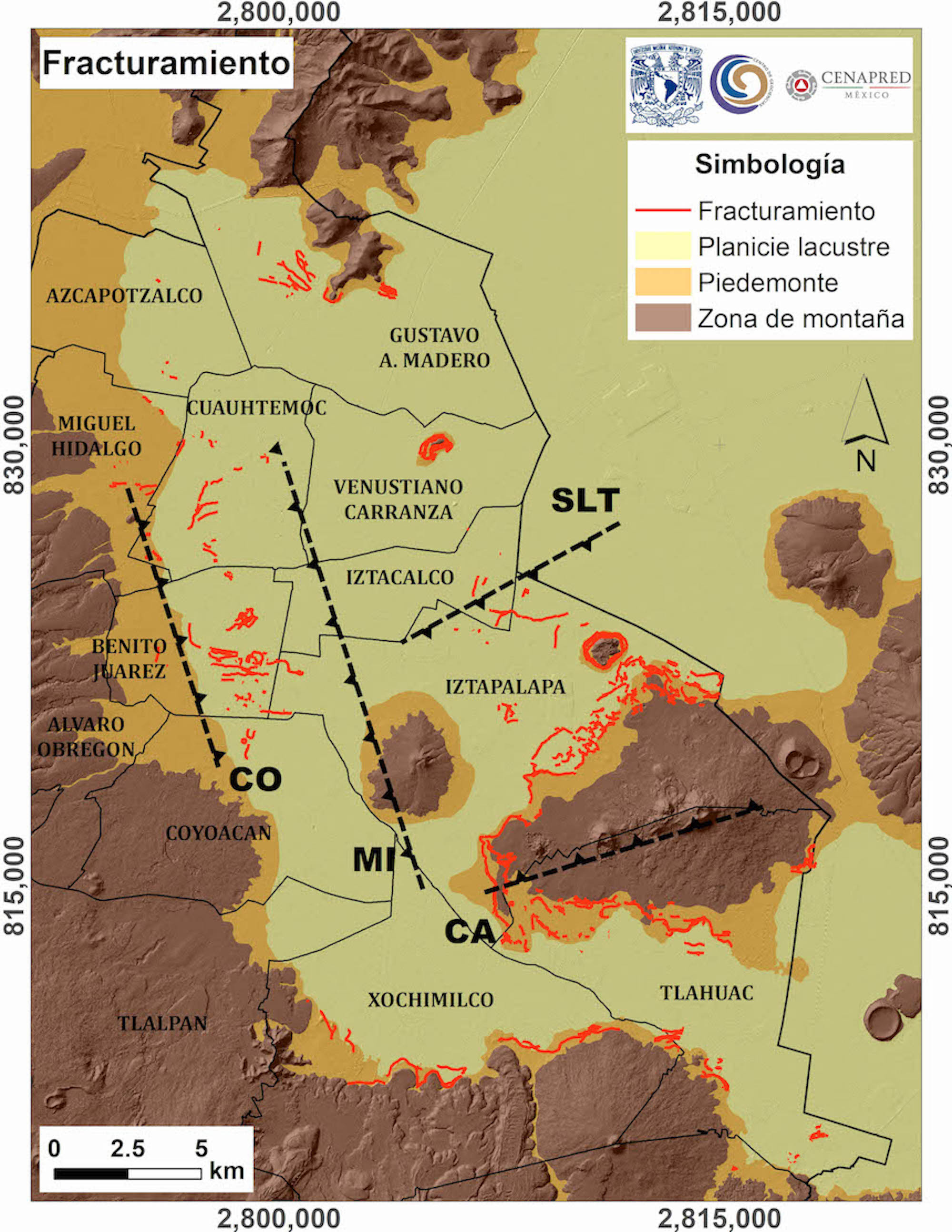 Digital map of Mexico City, omitting the southernmost boroughs, showing large fractures in the west, from Miguel Hidalgo to Coyoácan, in the center, from Cuauhtémoc to Iztapalapa, and in the east, in Iztacalco and Iztapalapa. Fracture zones appear at the foot of mountains. From Dora Carreón Freyre, researcher for the Centro de Geociencias de la UNAM, and Carlos Valdés González of the Centro Nacional de Prevención de Desastres.