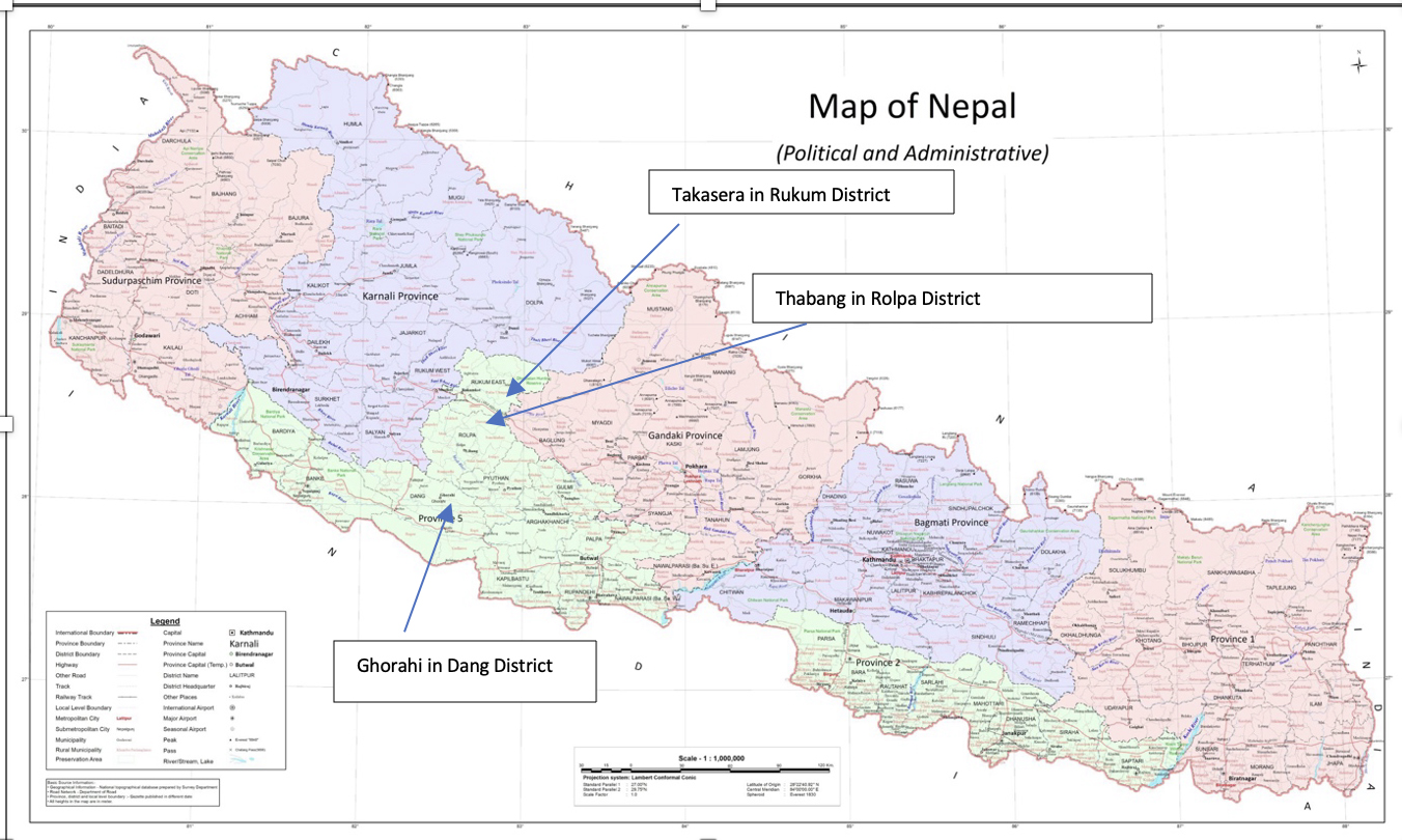 The image shows a map of Nepal with three locations identified as fieldsites – Takasera in Rukum District, Thabang in Rolpa District, and Ghorahi in Dang District.