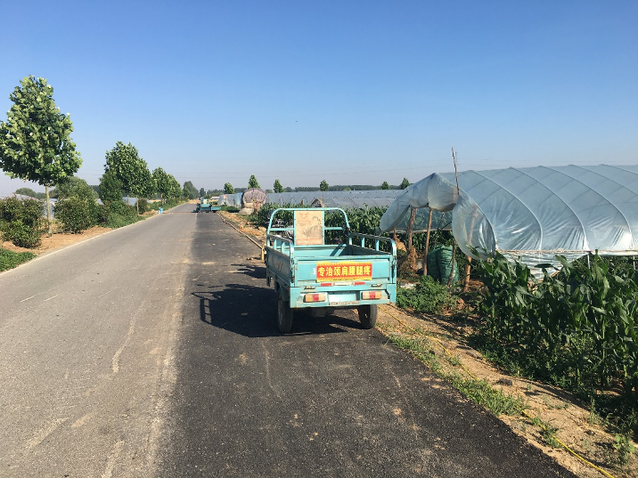 A typical farmer’s tricycle in Lanling County, used for transporting vegetables. The advertisement on its tailgate for “treating shoulder, lower back, and leg pain” highlights a common occupational hazard for those who work in greenhouse farming.