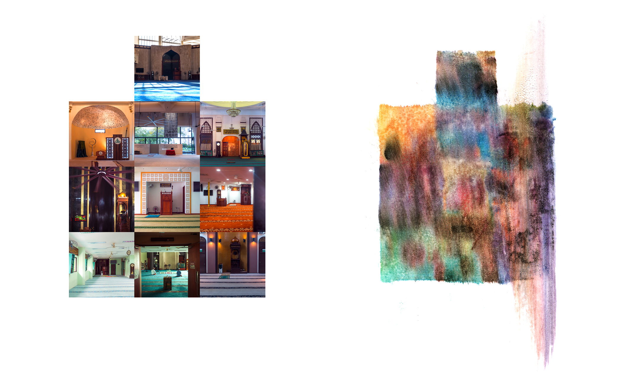 On the left is a collage of photographs from Mosque interiors around Singapore. On the right those same images have been blurred and smudged.