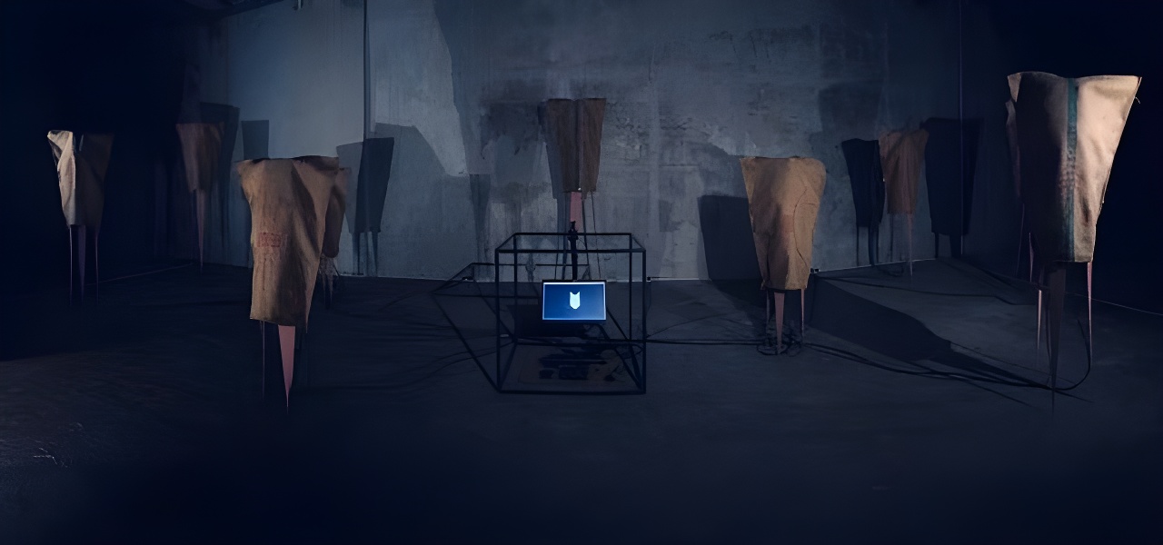 Seven figures covered by jute sacks gather around a screen contained within the metal frame of a box. The room is dark, and the exaggerated shadows of the figures stretch across the wall.