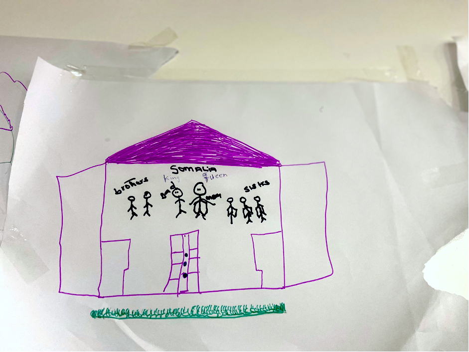 A purple, green, and black line drawing of a family in a home.