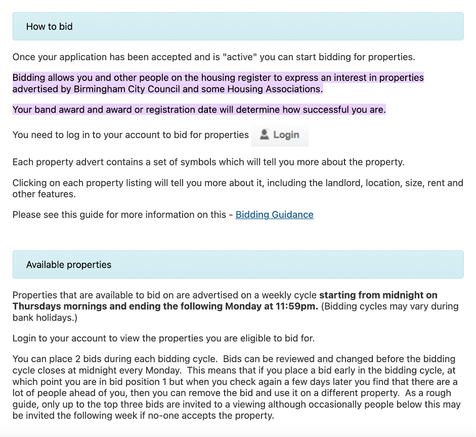 Screenshot of the Birmingham City Council’s bidding system instructions from the website