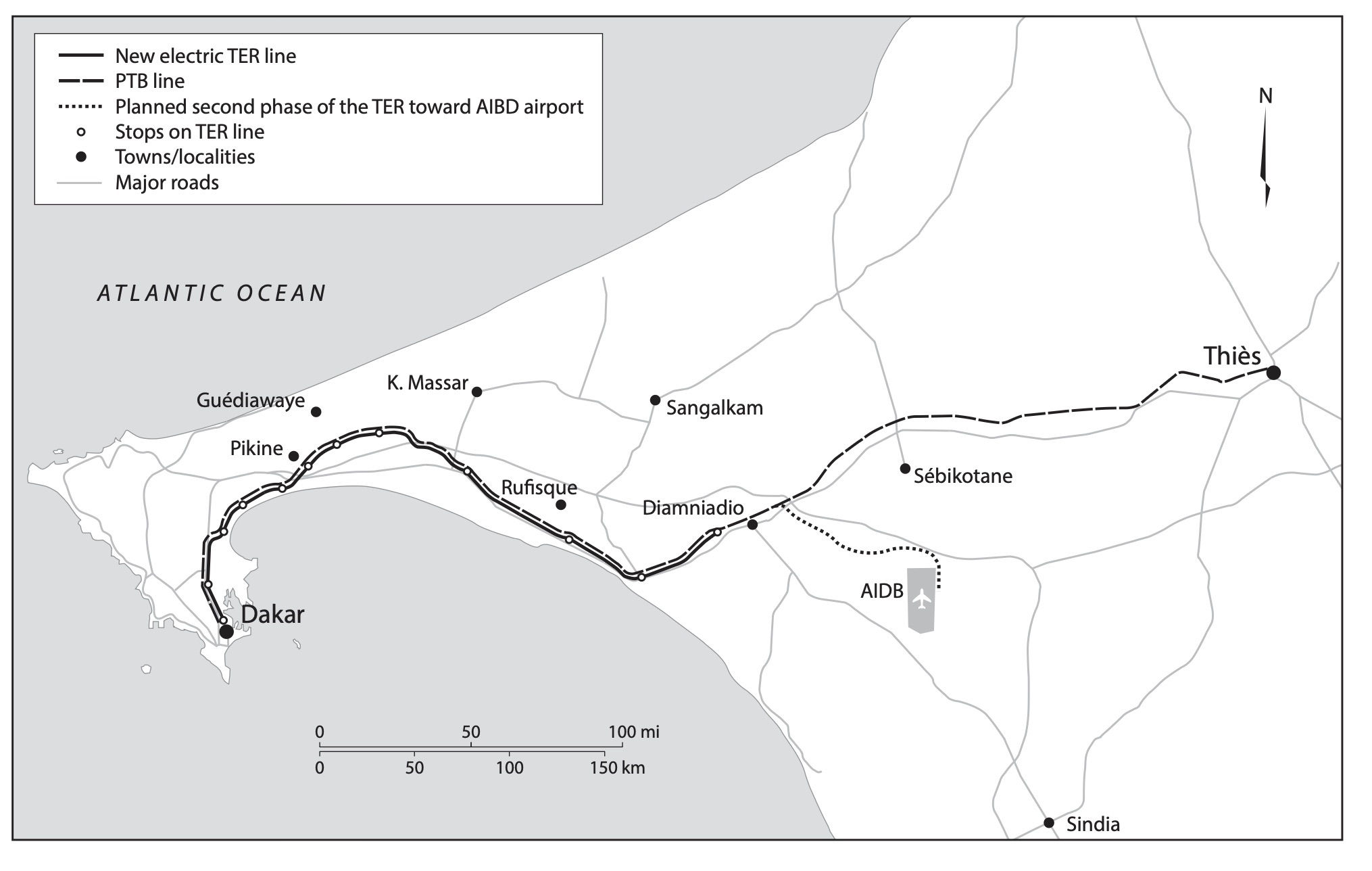 Map of the PTB and TER lines running parallel until Diamniadio. The Dakar–Bamako tracks continue beyond Thiès.