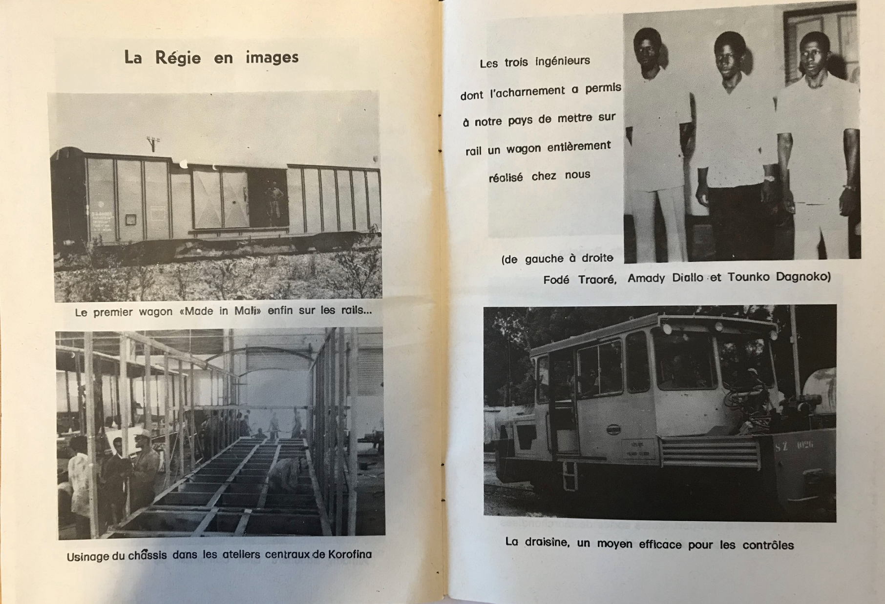 Archival booklet pages titled ‘La Régie en images,’ showing black-and-white photos: a Malian freight wagon labeled ‘Made in Mali’; workers machining a chassis at the Korofina workshops; three engineers identified as Fodé Traoré, Amady Diallo, and Tounko Dagnoko; and a draisine rail vehicle used for inspections.