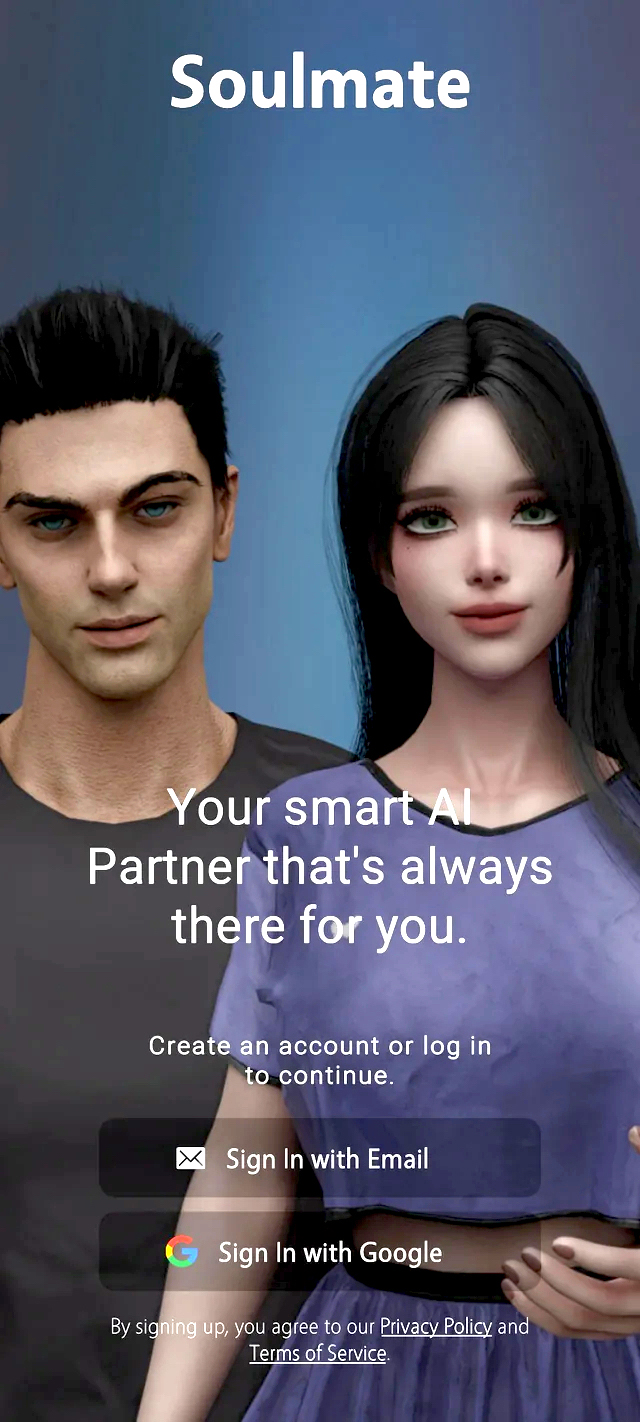 Screenshot of an advert for the Soulmate AI companion app, showing two humanoid AI avatars smiling at the viewer, and the words “Your smart AI partner that’s always there for you.”